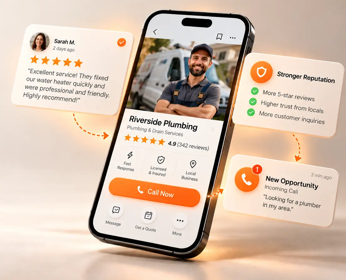 Visual de reputación local con reseña positiva y una nueva oportunidad de cliente