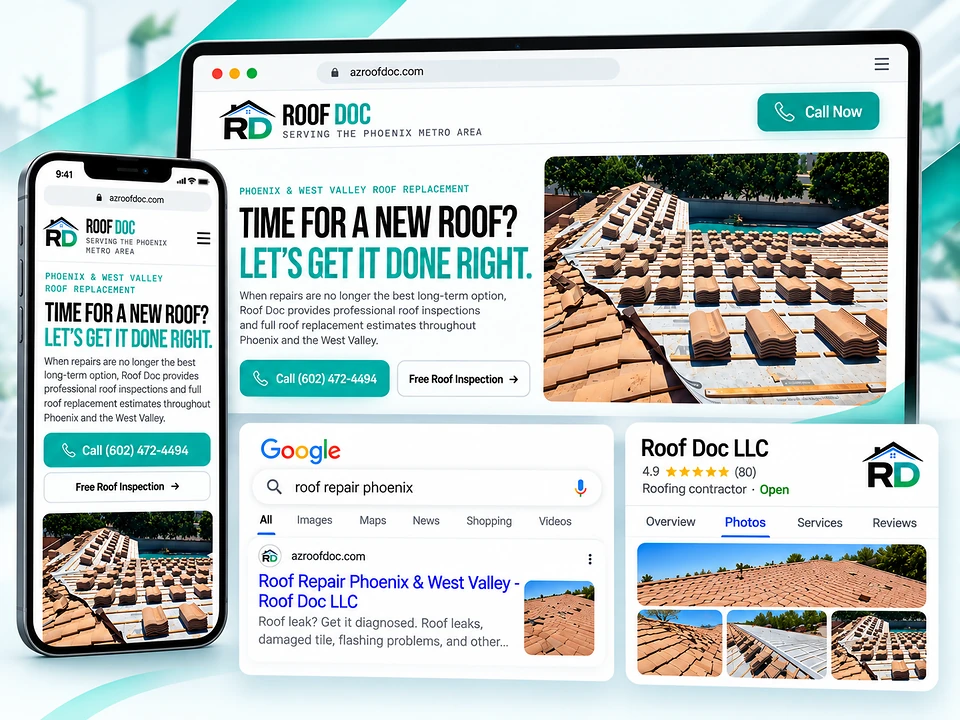 Caso real de Roof Doc: landing de roofing, versión móvil, Google Business Profile y Google Ads