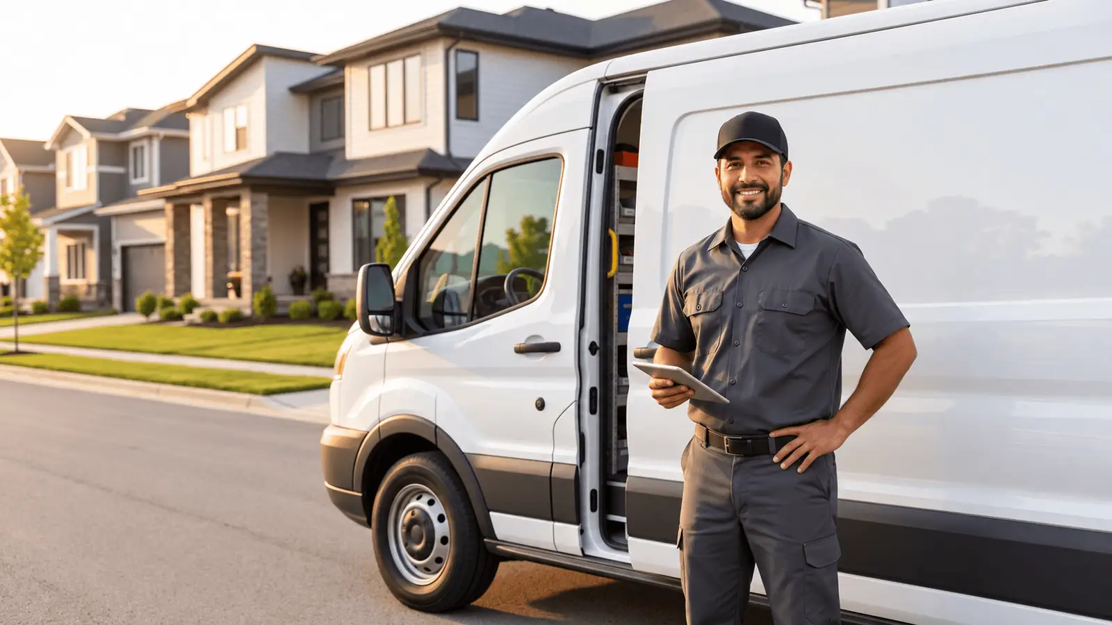 Técnico de servicios listo para atender junto a su vehículo de trabajo