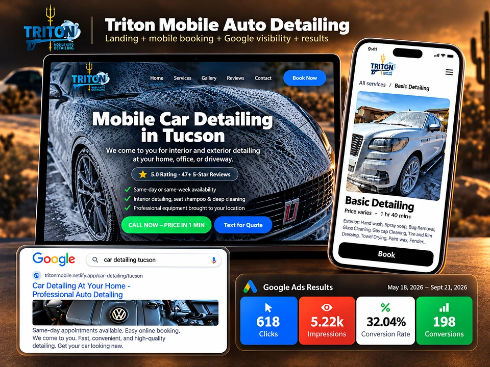 Caso real de Triton Mobile Auto Detailing: landing, experiencia móvil, visibilidad en Google y resultados de Google Ads